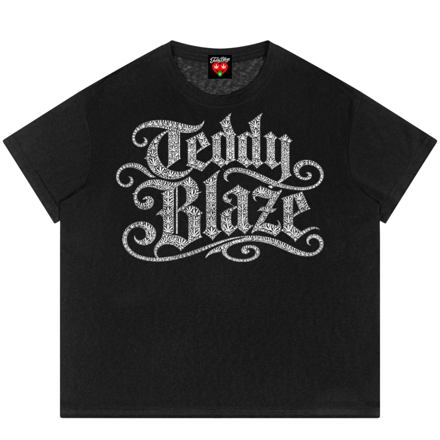 A black short-sleeve t-shirt with a large, ornate silver 'Teddy Blaze' graphic printed across the chest, displayed flat against a solid white background.