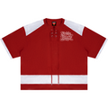 A red short-sleeve hockey-style jersey top with white shoulder and hem stripes, lace-up front, and a white 'Reddy Blaze' script on the chest, shown on a plain white background.