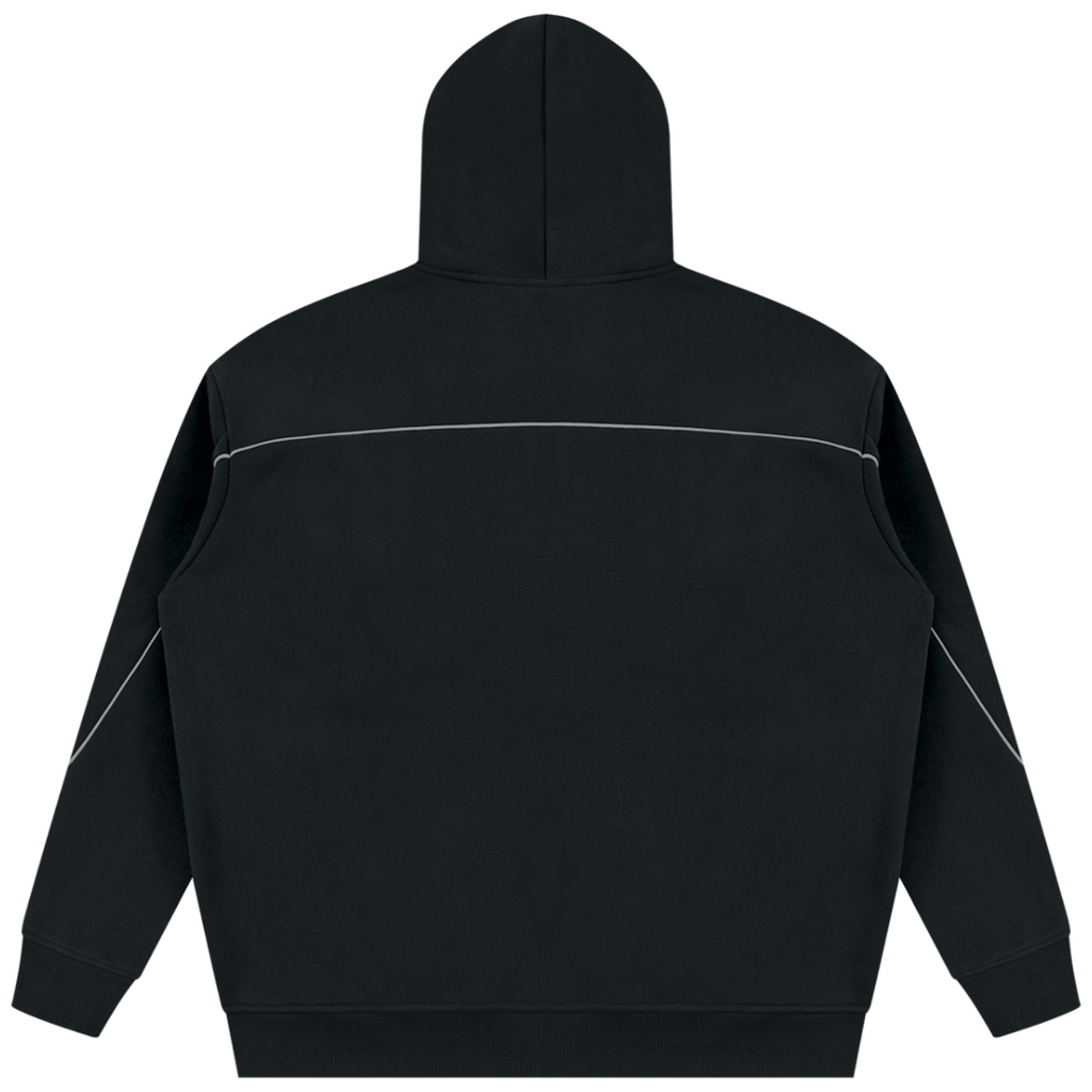 Shop the Iron + Ivy RIGBY Piped Detail Fleece Pullover Hoodie by Teddy Blaze. Heavyweight 345 GSM black fleece hoodie featuring reflective white piping and the RIGBY bear crest.