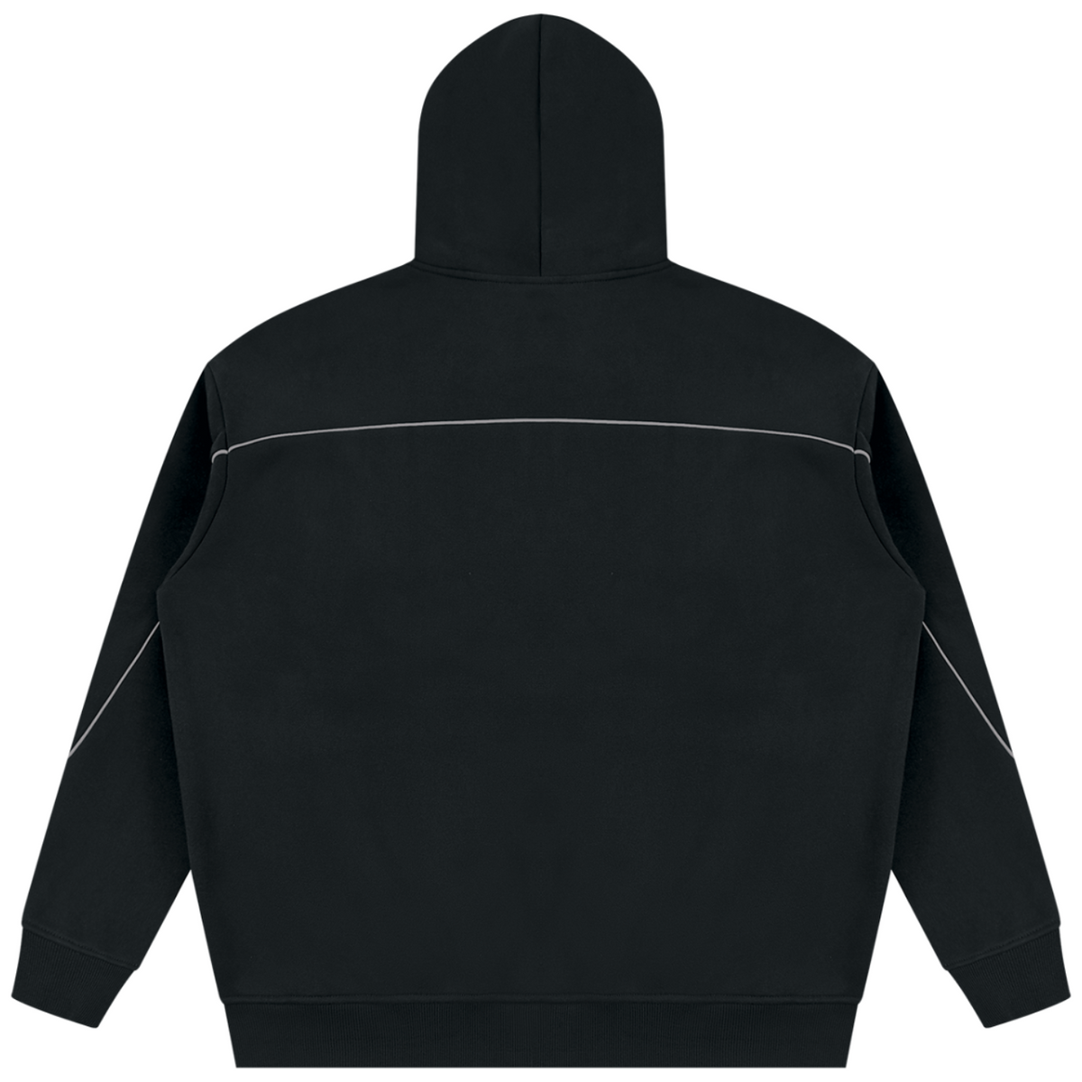 Shop the Iron + Ivy RIGBY Piped Detail Fleece Pullover Hoodie by Teddy Blaze. Heavyweight 345 GSM black fleece hoodie featuring reflective white piping and the RIGBY bear crest.