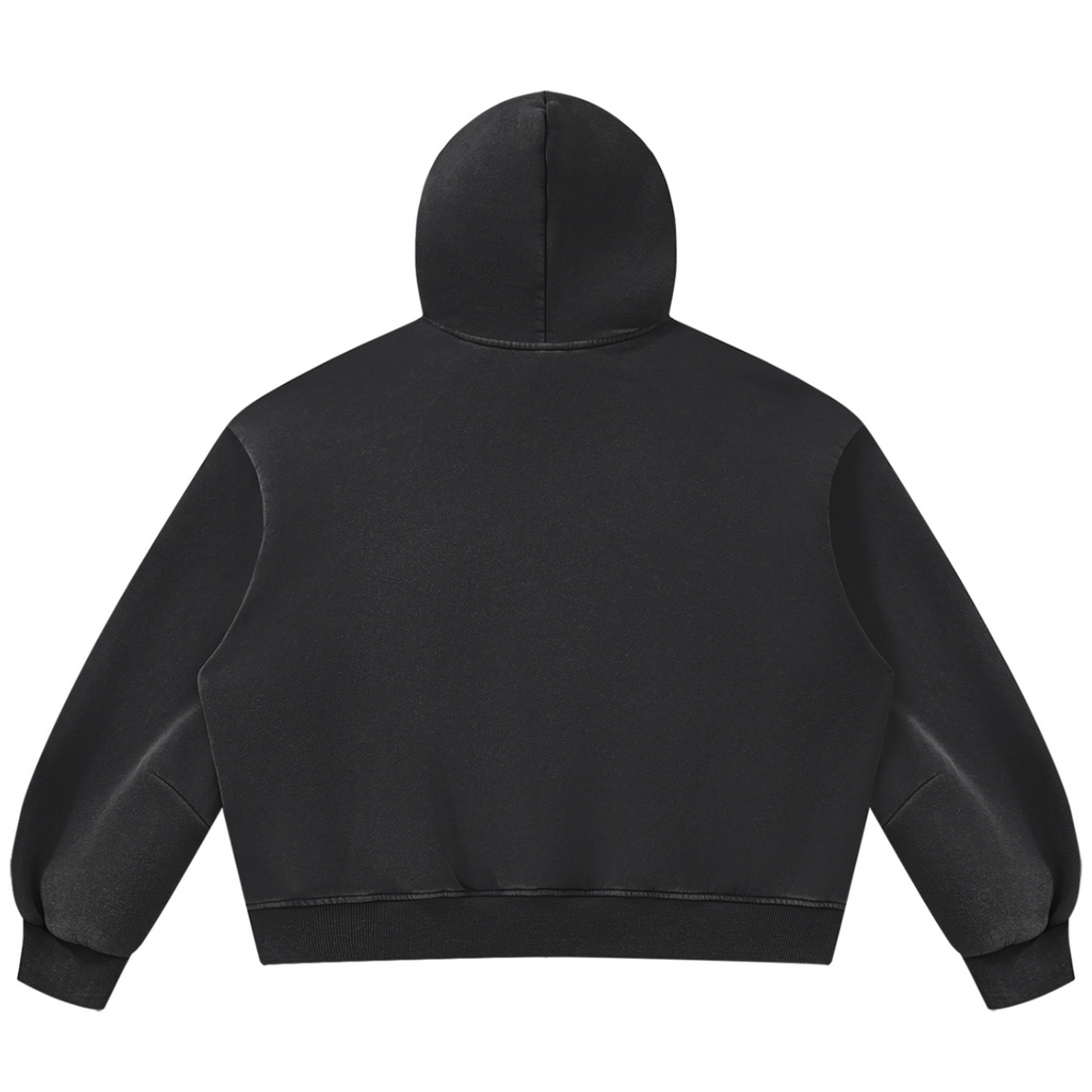 Shop the Freezer Tape Vintage Wash Boxy Fleece Hooded Jumper by Teddy Blaze. 390 GSM washed black fleece boxy hoodie reflecting stealth wealth and quiet luxury from the COVERUPS line of The Mature Mocha Collection.