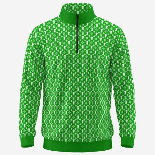 Shop the Iron + Ivy Fairway Cachet Contrast Trim Quarter Zip by Teddy Blaze. Performance 230 GSM stretch quarter-zip pullover in Kelly green with all-over RIG-B monogram.