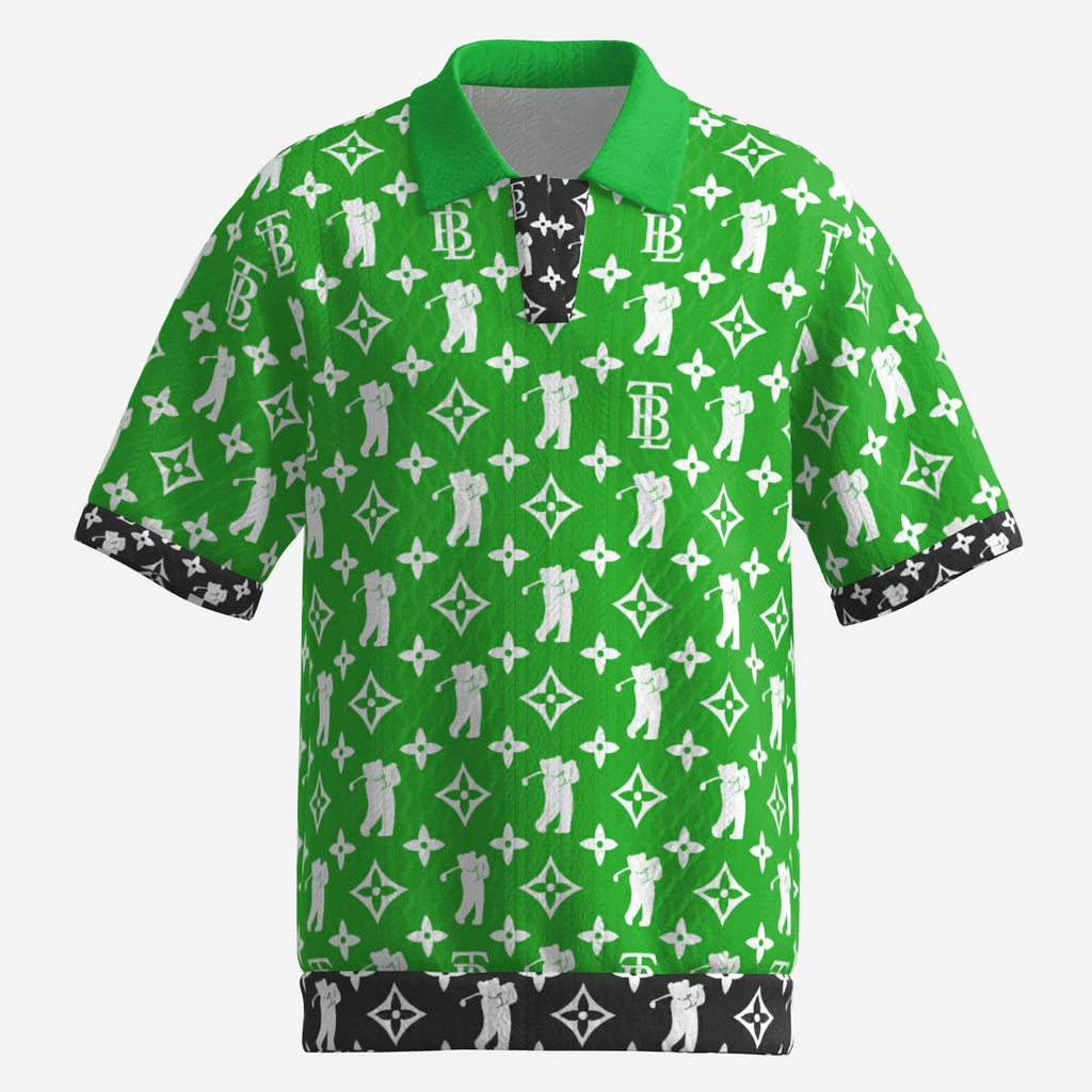 Shop the Iron + Ivy Fairway Signature Monogram Golf Shirt by Teddy Blaze. Premium 270 GSM jacquard performance stretch polo with all-over RIG-B monogram and contrast cuffs.