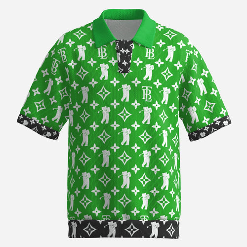 Shop the Iron + Ivy Fairway Signature Monogram Golf Shirt by Teddy Blaze. Premium 270 GSM jacquard performance stretch polo with all-over RIG-B monogram and contrast cuffs.