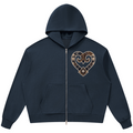 A navy blue zip-up hoodie with a front kangaroo pocket and a decorative heart-shaped graphic on the left chest, shown against a plain white background.