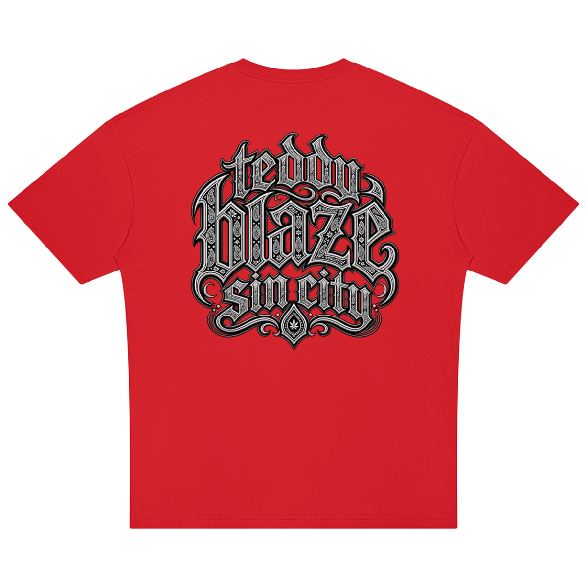 Elevate your streetwear with the Teddy Blaze Sin City Sacred Cotton Drop Shoulder Tee. Red cotton, tattoo praying hands print, and ornate back graphic. Shop NYC to Vegas style.