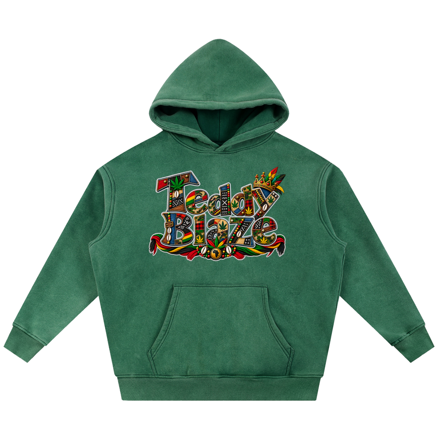 A green hooded sweatshirt with a colorful graphic on the chest reading 'Teddy Blaze' in a stylized, illustrated font. The hoodie is displayed flat against a solid white background.