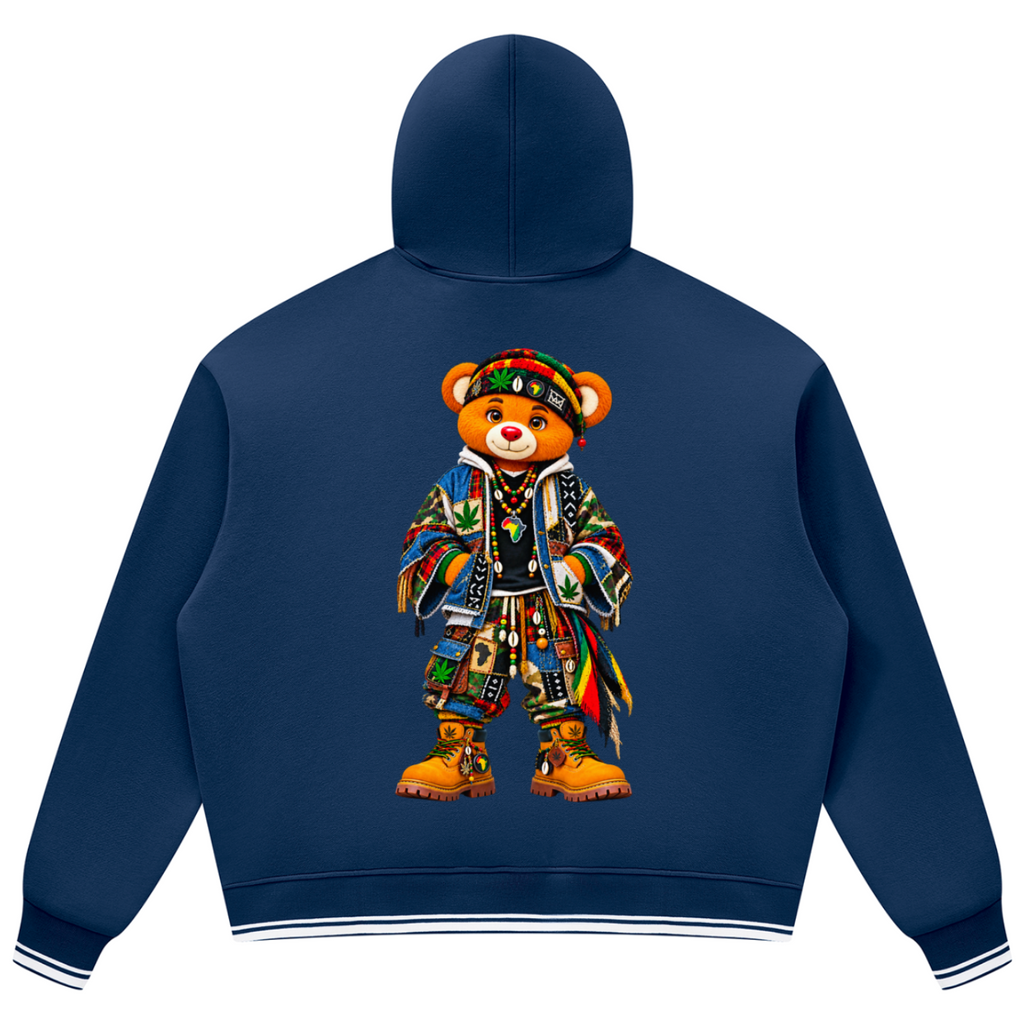 Teddy Blaze oversized navy fleece hoodie featuring signature Boho Bearatoo artwork, patchwork graphics, striped trim and heavyweight 345 GSM fleece.