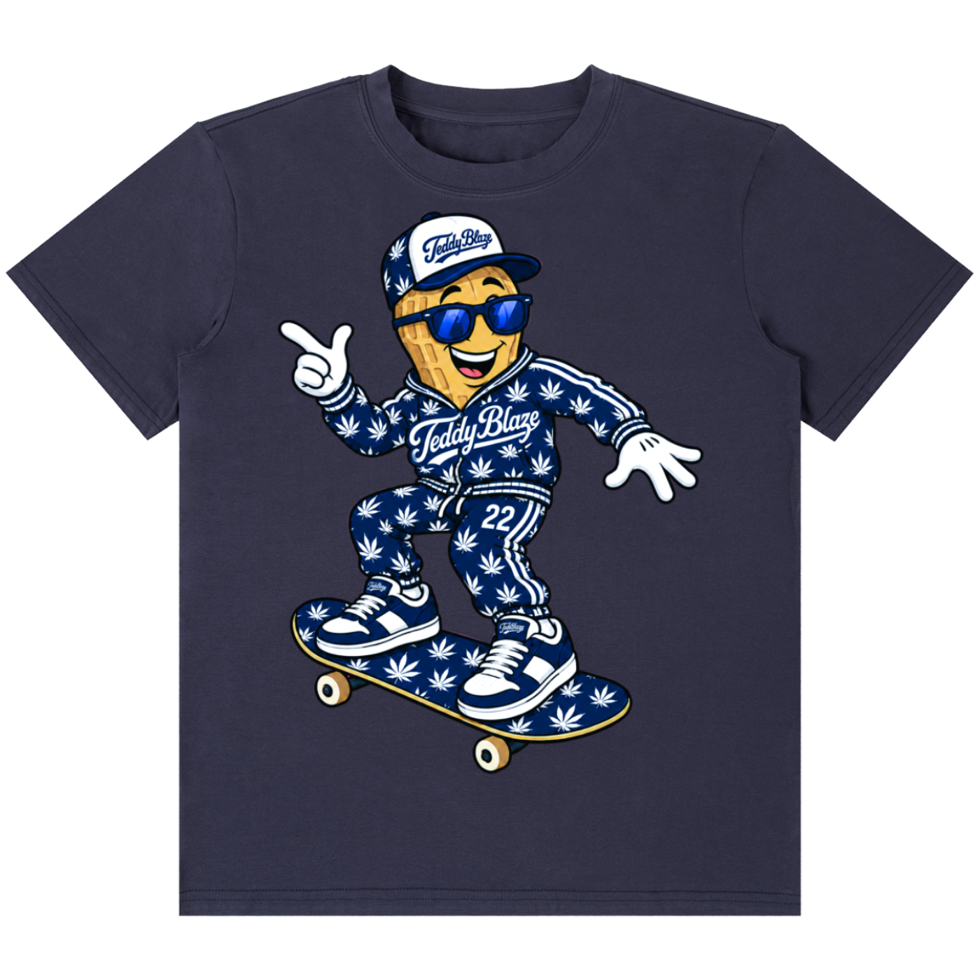 A navy blue short-sleeve t-shirt featuring a cartoon graphic of a person skateboarding on a skateboard with a white cannabis leaf pattern, wearing a cap and sunglasses. The graphic includes the text 'Tully Blue' and '221'.