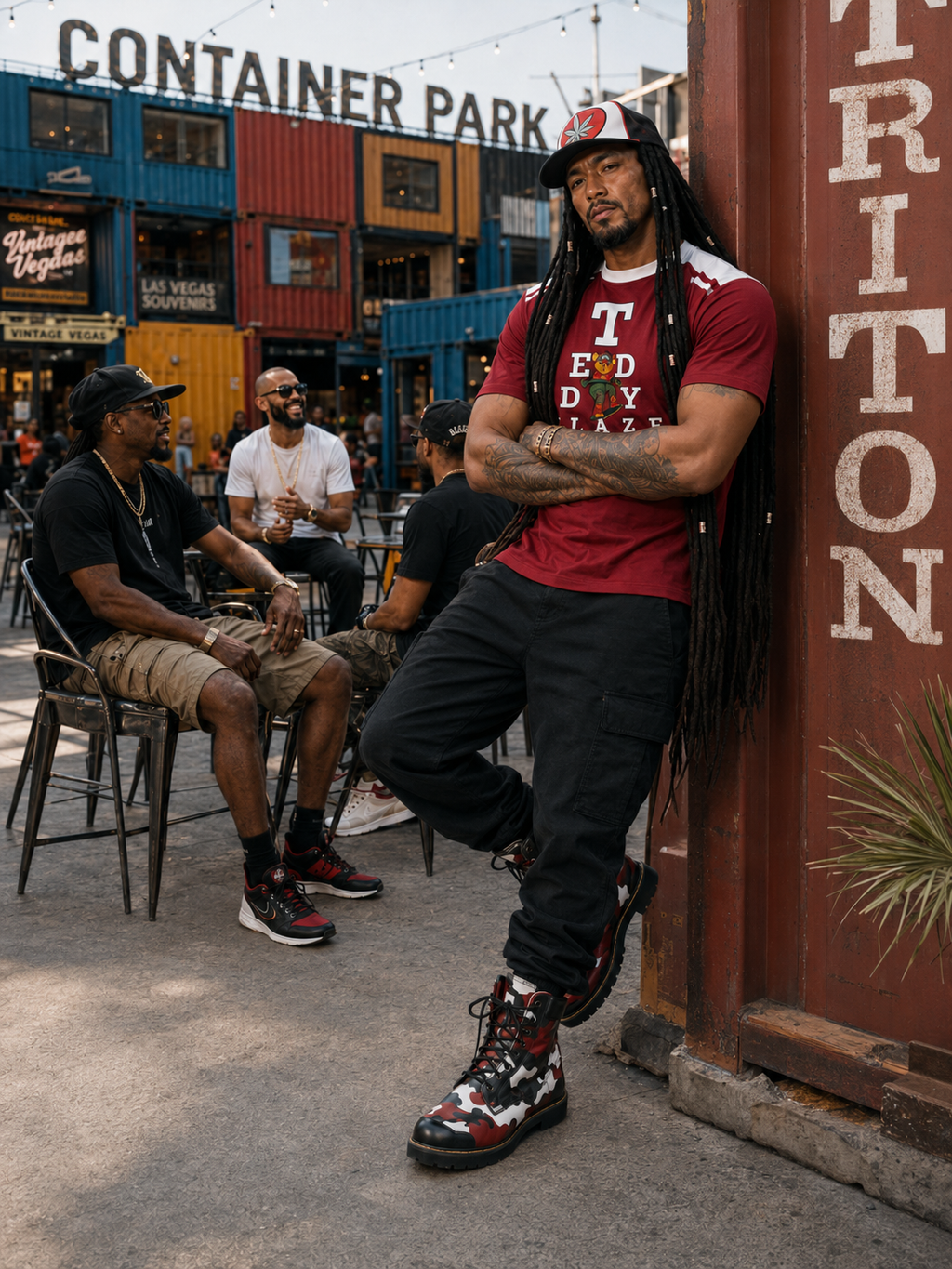 A man leans against a red painted wooden wall wearing a maroon T-shirt with white lettering, black pants, and patterned lace-up boots, in an outdoor urban setting with other people and shipping containers in the background.