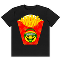 A black short-sleeve crewneck t-shirt featuring a graphic print of golden french fries in a red paper container with cannabis leaf patterns and a green smiley face logo that reads 'Fuzzy Beast'.