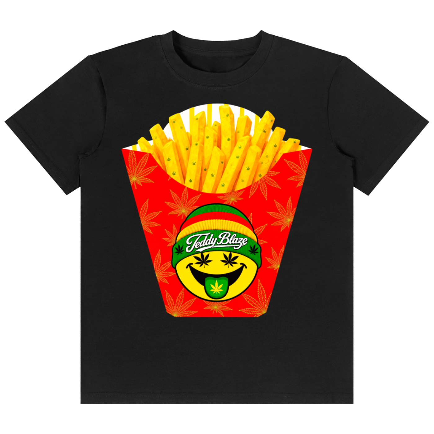 A black short-sleeve crewneck t-shirt featuring a graphic print of golden french fries in a red paper container with cannabis leaf patterns and a green smiley face logo that reads 'Fuzzy Beast'.