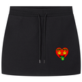 A black sweatshirt mini skirt featuring a drawstring waist and a small red, yellow, and green heart patch on the left hip, displayed against a solid white background.