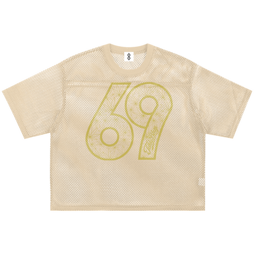 A beige short-sleeve mesh t-shirt with a large yellow outlined '69' graphic on the front, displayed flat against a white background.