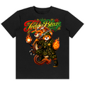 A black short-sleeve crewneck t-shirt featuring a colorful graphic print of a cartoon panda dressed in a military uniform with flames, under the text 'Teddy Blaze'.