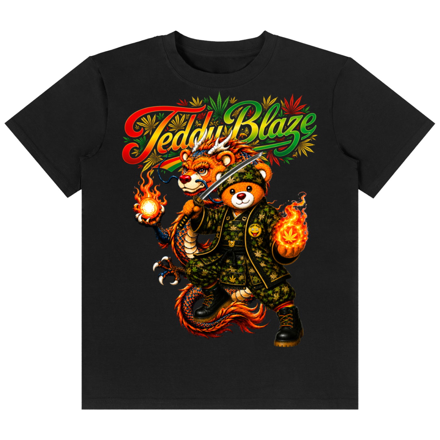 A black short-sleeve crewneck t-shirt featuring a colorful graphic print of a cartoon panda dressed in a military uniform with flames, under the text 'Teddy Blaze'.