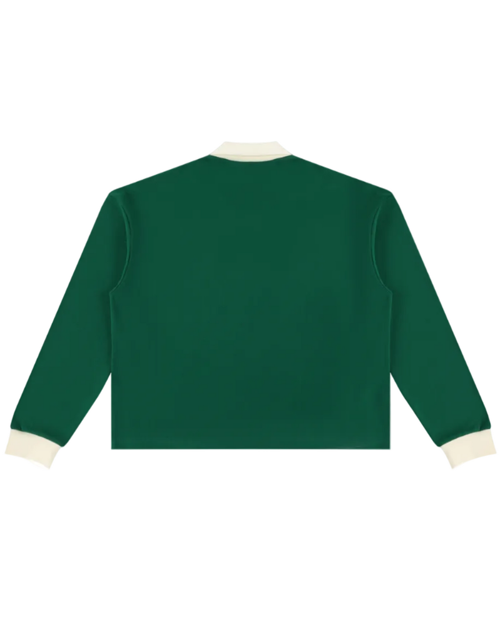 Shop the Iron + Ivy Blunt Bombers Contrast Trim Long Polo by Teddy Blaze. Heavyweight 320 GSM forest green cotton-poly long-sleeve polo with cream contrast collar, cuffs, and baseball graphic.