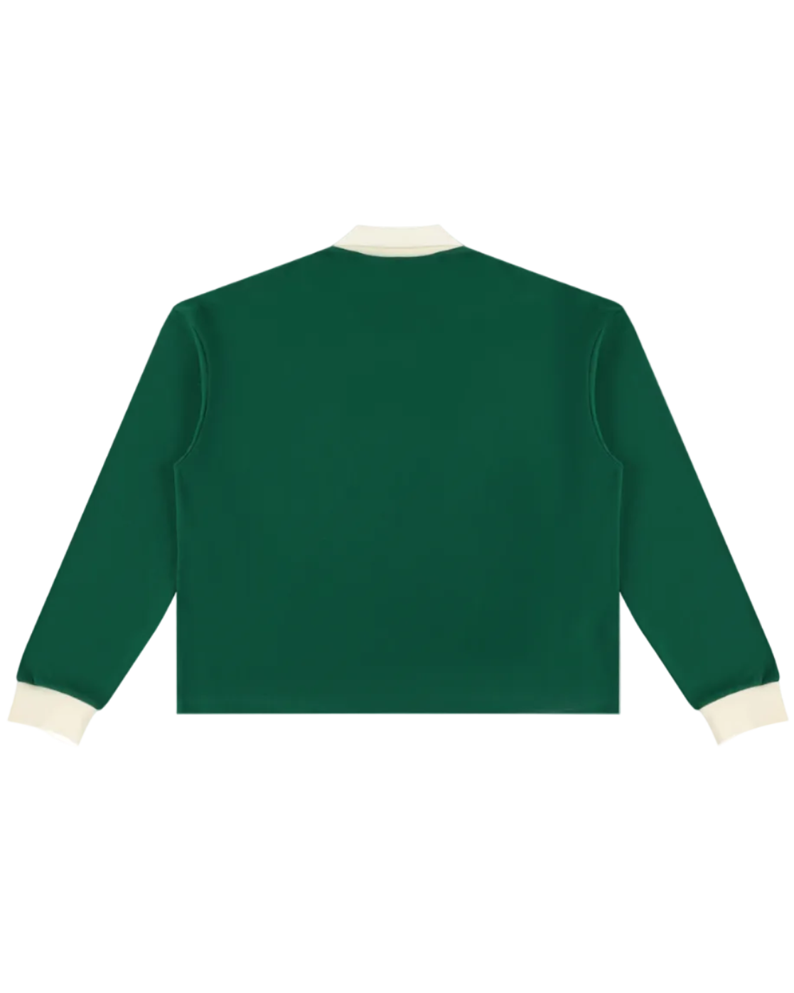 Shop the Iron + Ivy Blunt Bombers Contrast Trim Long Polo by Teddy Blaze. Heavyweight 320 GSM forest green cotton-poly long-sleeve polo with cream contrast collar, cuffs, and baseball graphic.