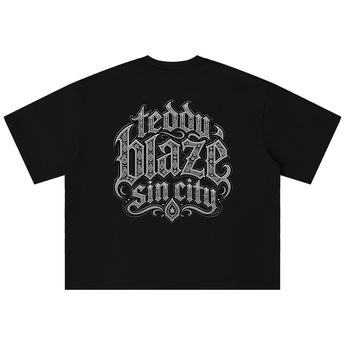 Elevate your streetwear with the Teddy Blaze Sin City Sacred Box Cut T-Shirt. Black stretch-cotton, tattoo praying hands print, and boxy cut. Shop NYC to Vegas style.