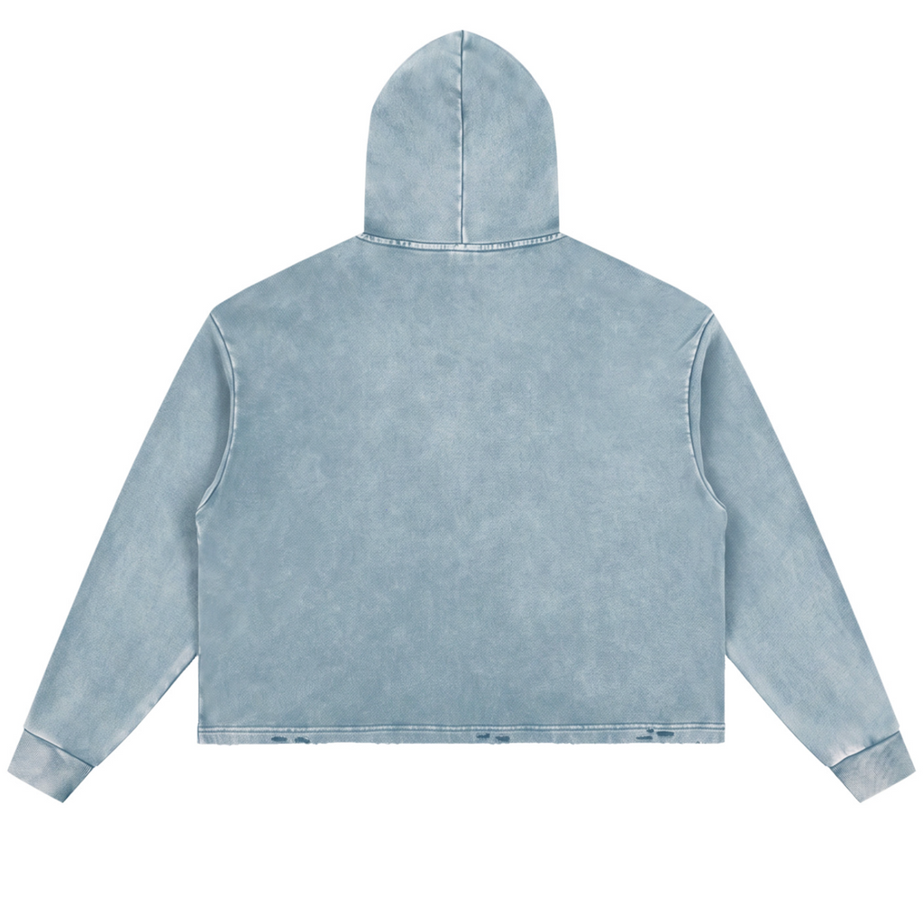 Shop the Signature Cachet Vintage Washed Frayed-Hem Hooded Jumper by Teddy Blaze. 340 GSM ice blue heavy fleece hoodie featuring the Cachet emblem from The Mature Mocha Collection.