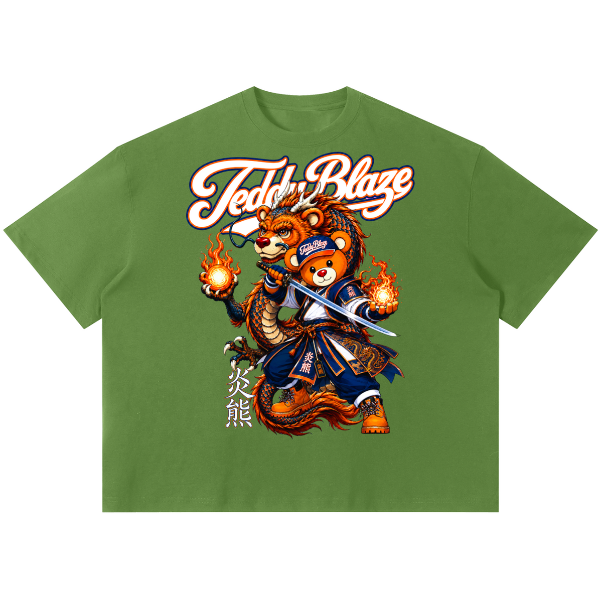 A green short-sleeve t-shirt with a large graphic print of a bear character in samurai attire holding a sword and flame, with the text 'Teddy Blaze' above.