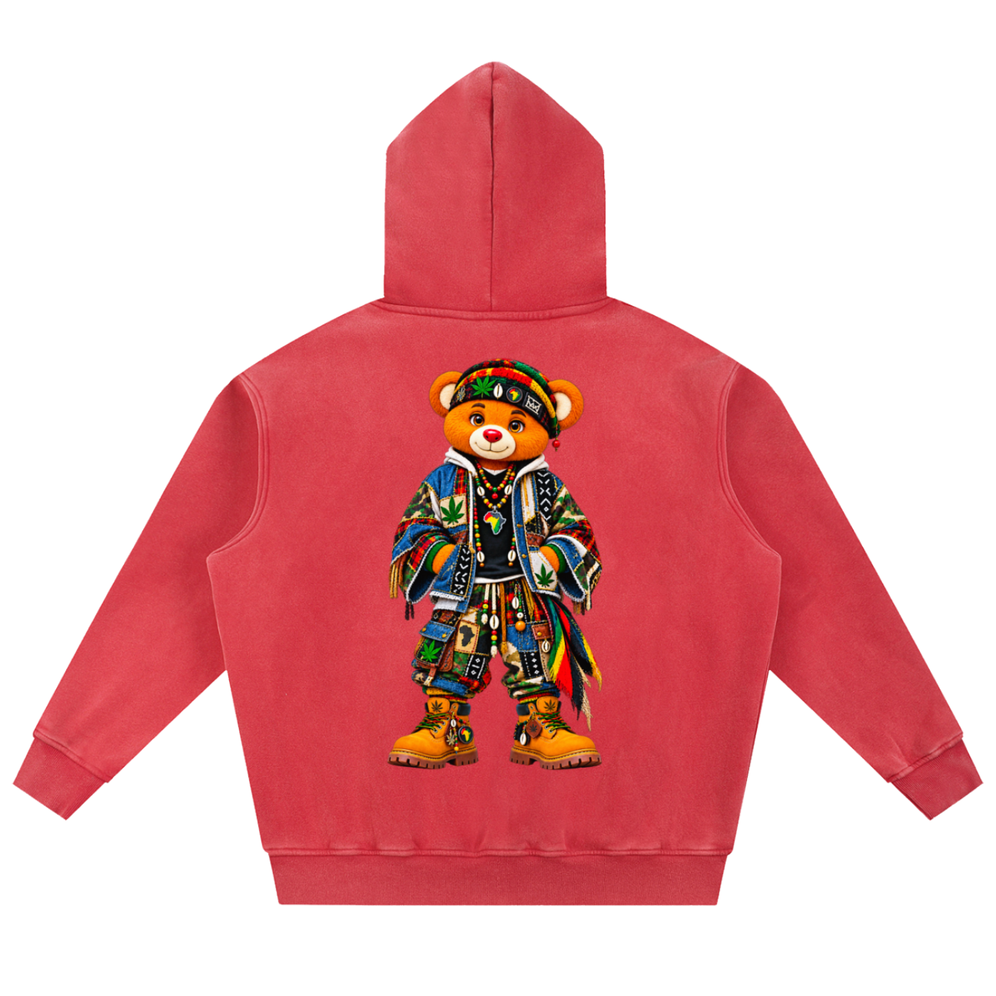 A red hooded sweatshirt shown from the back, featuring a large graphic of a teddy bear wearing a colorful patterned outfit and hat on the center back.