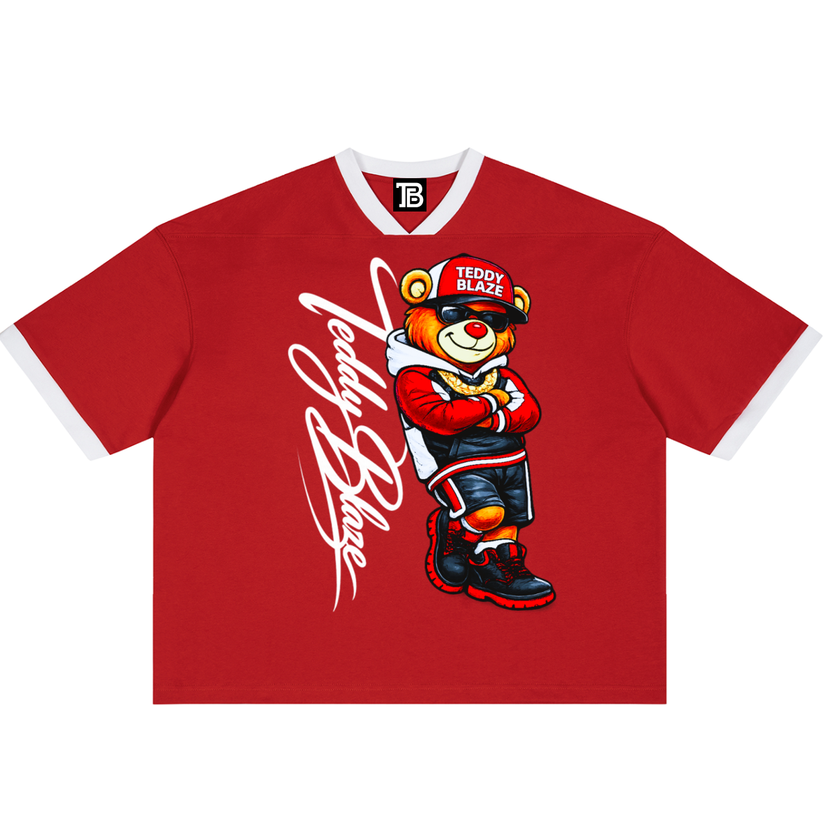 Red t-shirt with a bear graphic and 'Teddy Blazee' text on a white background