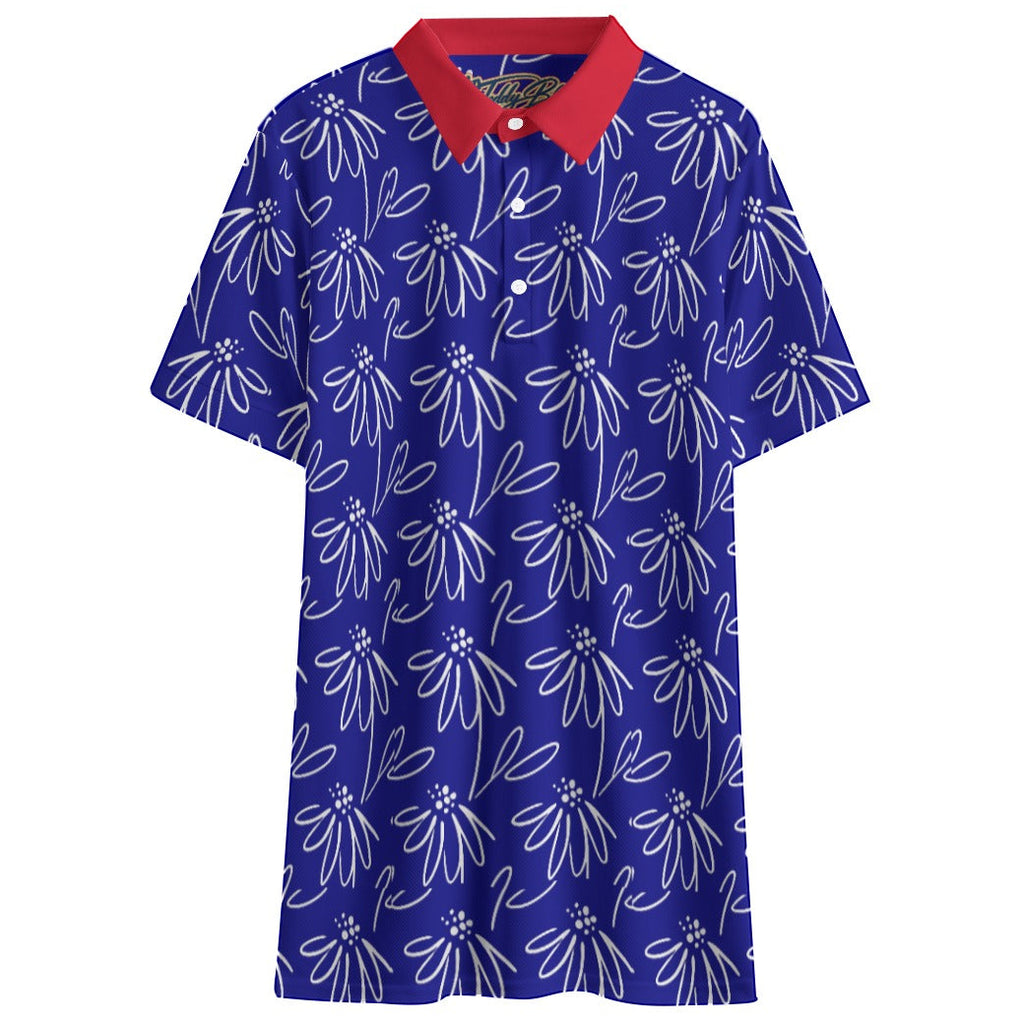 Shop the Flora Americana Short Golf Polo by Teddy Blaze. 145 GSM blue & red performance polo with white floral line print from TEDDY FORE!.
