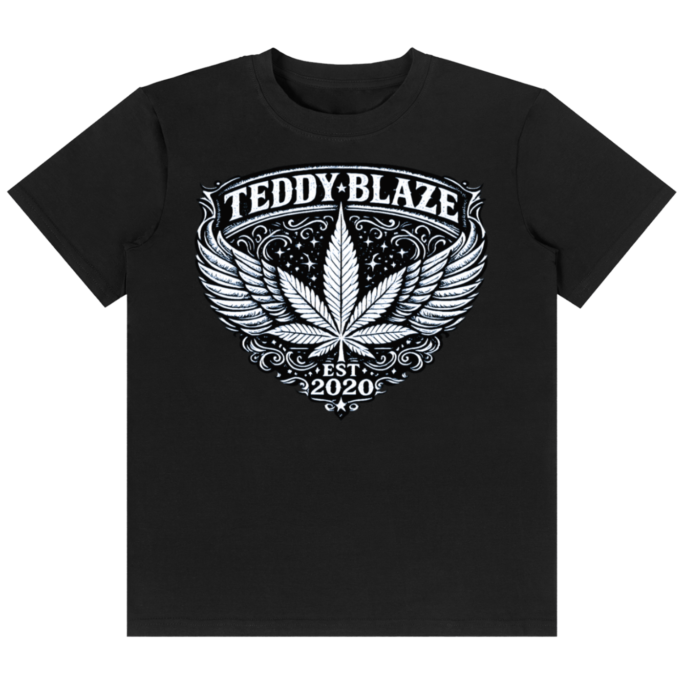 Shop the Flying High Classic Tee by Teddy Blaze. 180 GSM cotton-spandex stretch tee featuring an ornate winged crest graphic from the TOPS line of The Mature Mocha Collection.