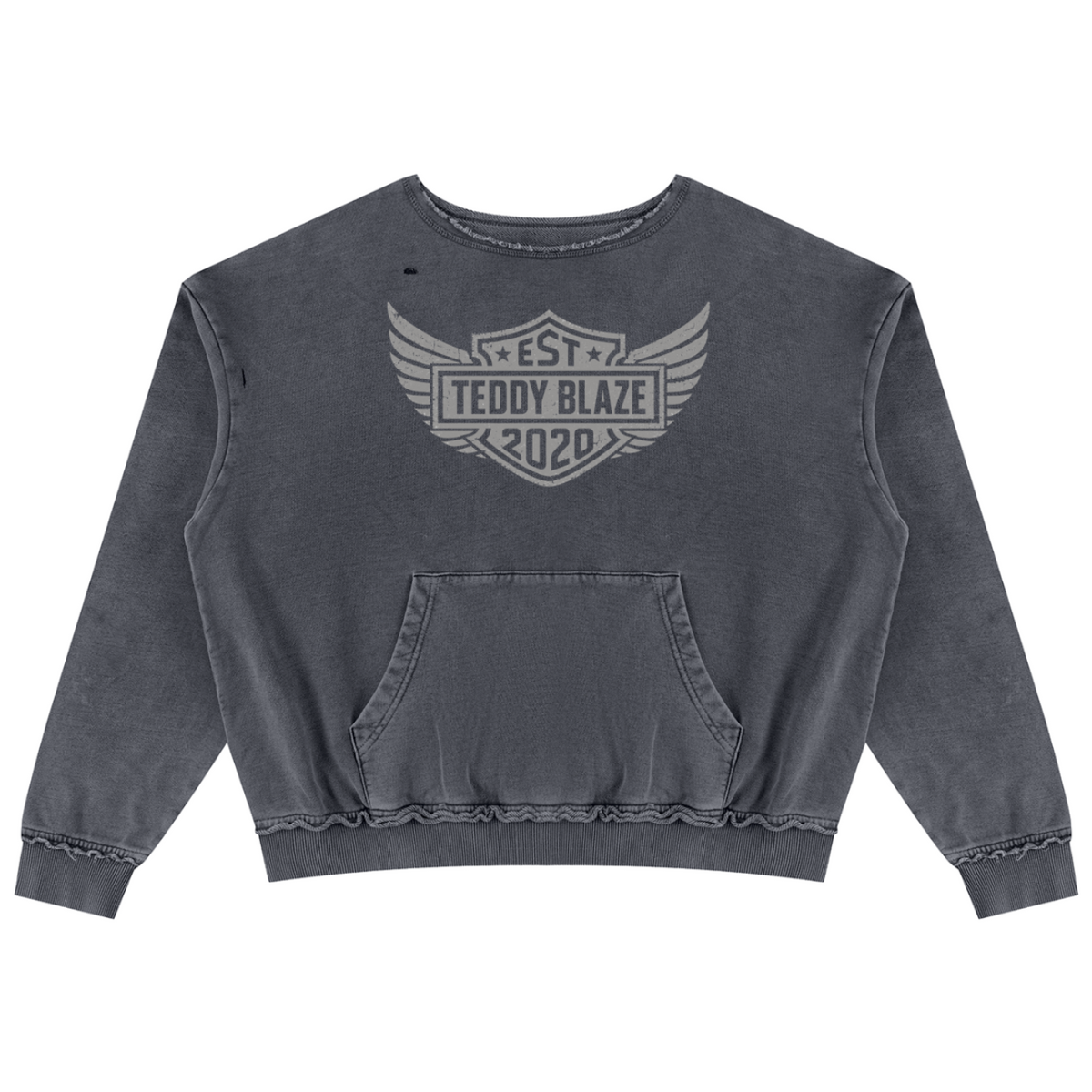 Shop the Freedom Crest Cotton Trucker Jumper by Teddy Blaze. Heavyweight 400 gsm snow-wash cotton crewneck sweater featuring a distressed hem, front pouch pocket, and DaCruz back print.