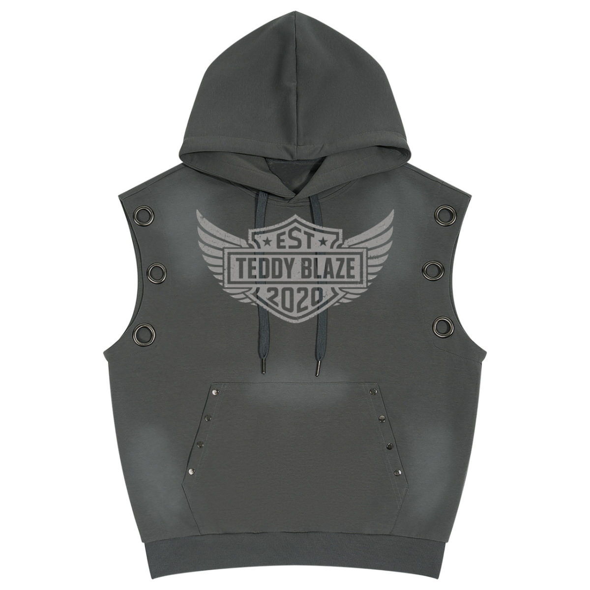 Shop the Freedom Crest Hooded Biker Vest by Teddy Blaze. 370 gsm mineral-grey sleeveless hoodie featuring grommet shoulder hardware, studded kangaroo pocket, and back DaCruz print.