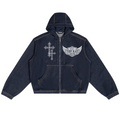 Shop the Freedom Crest Trucker Hoodie by Teddy Blaze. Heavyweight 425 gsm denim zip hoodie featuring the DaCruz cross chest embroidery and Freedom winged back crest.
