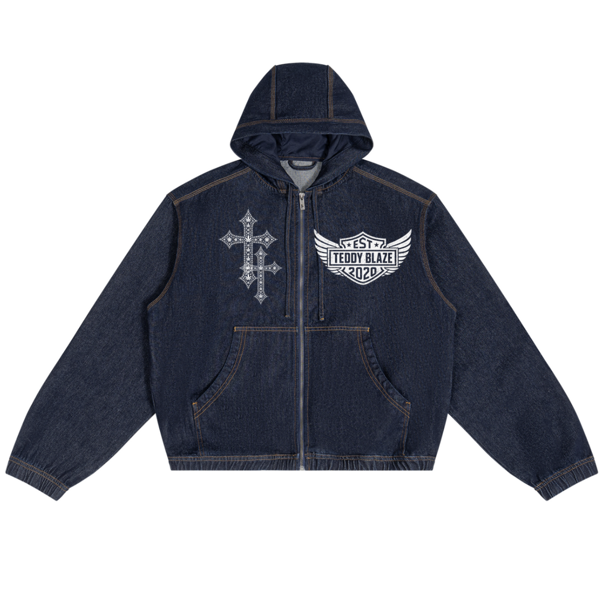Shop the Freedom Crest Trucker Hoodie by Teddy Blaze. Heavyweight 425 gsm denim zip hoodie featuring the DaCruz cross chest embroidery and Freedom winged back crest.