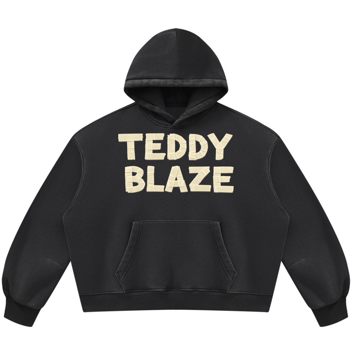 Shop the Freezer Tape Vintage Wash Boxy Fleece Hooded Jumper by Teddy Blaze. 390 GSM washed black fleece boxy hoodie reflecting stealth wealth and quiet luxury from the COVERUPS line of The Mature Mocha Collection.