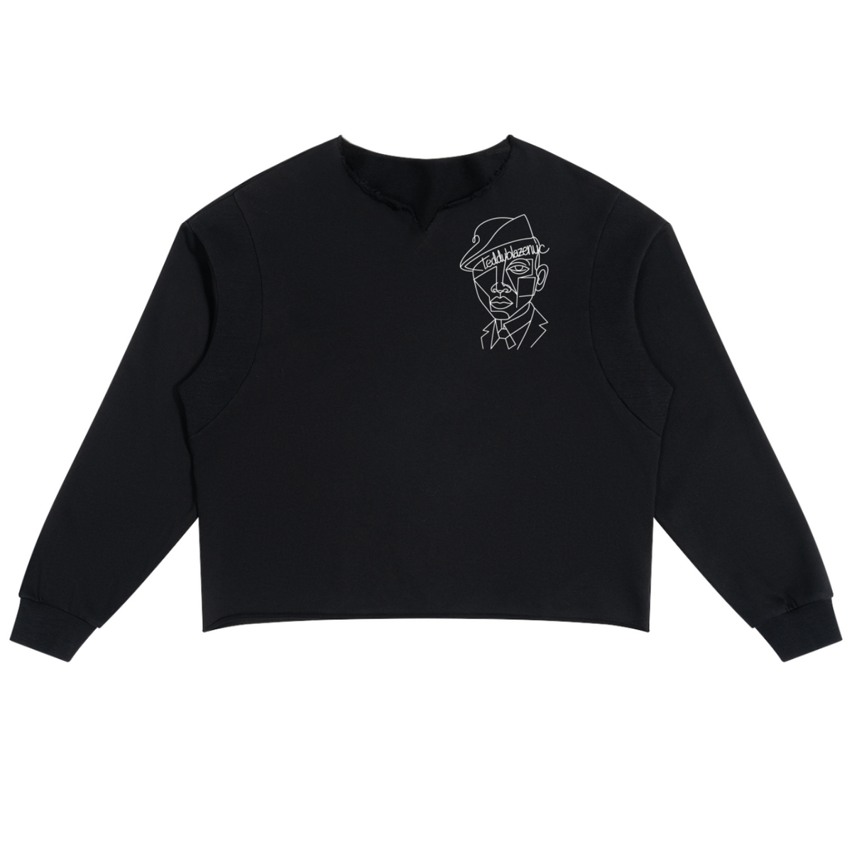 A black long-sleeve cropped sweatshirt with a white line-art graphic of a man's face wearing a hat on the left chest, displayed flat against a solid white background.