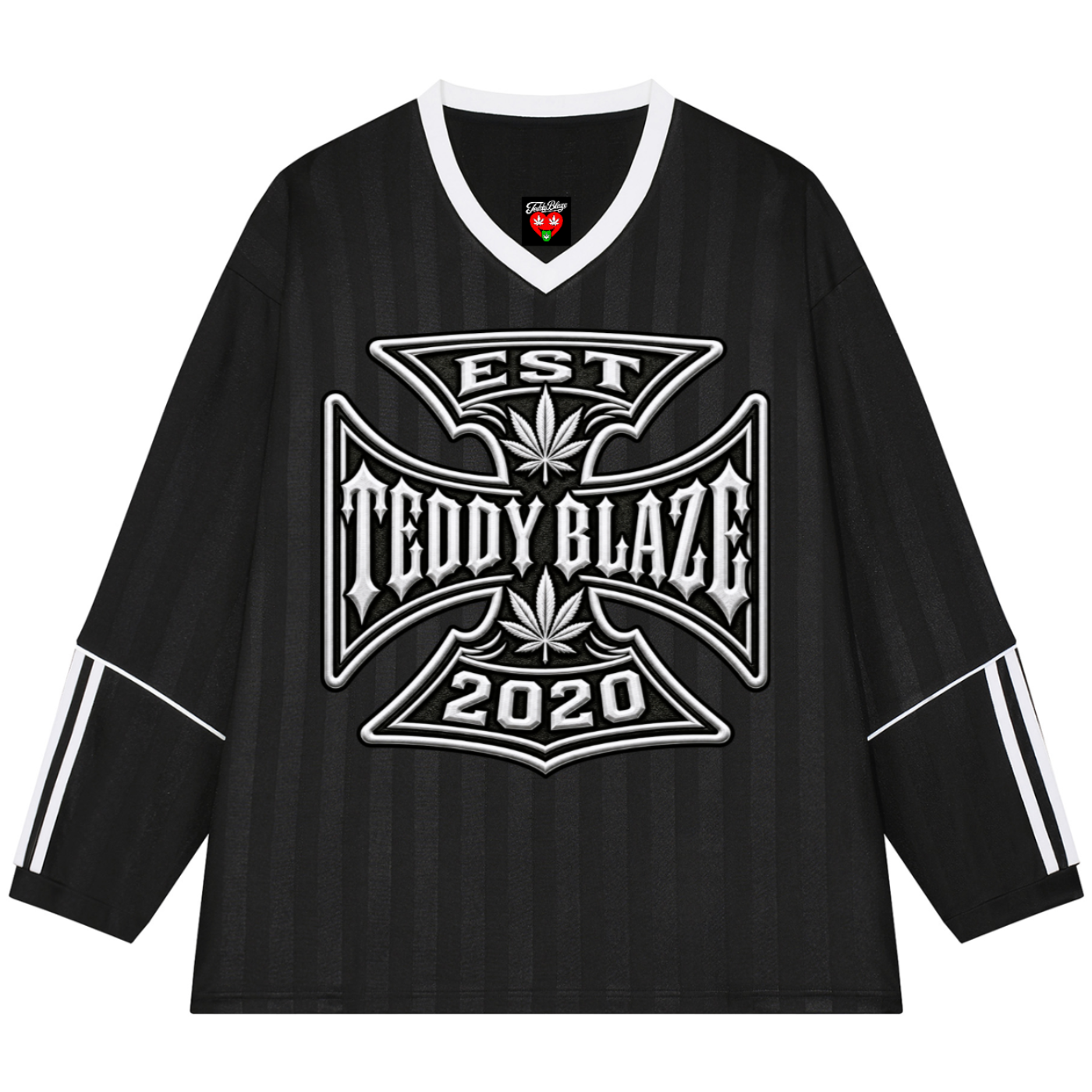 A black long-sleeve hockey-style jersey with white trim on the V-neck and sleeve cuffs, featuring a large white graphic on the chest that reads 'TEDDY BLAZE EST 2020' with a cannabis leaf motif. The sleeves also have white stripe details.