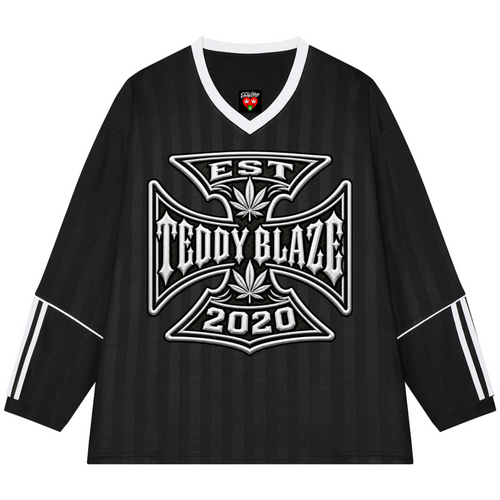 A black long-sleeve hockey-style jersey with white trim on the V-neck and sleeve cuffs, featuring a large white graphic on the chest that reads 'TEDDY BLAZE EST 2020' with a cannabis leaf motif. The sleeves also have white stripe details.