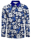 Shop the Iron + Ivy Garden Azure Peach Velvet Shirt by Teddy Blaze. Long sleeve peach velvet button-down featuring a white and royal blue floral print with a contrast azure collar.