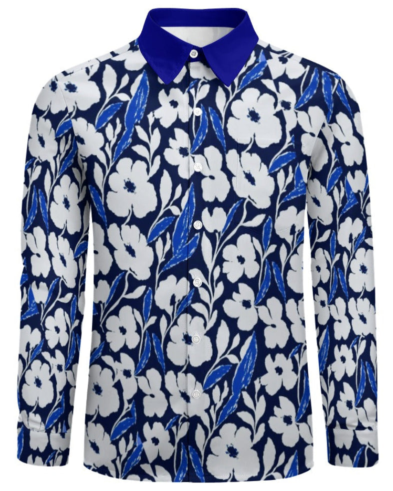 Shop the Iron + Ivy Garden Azure Peach Velvet Shirt by Teddy Blaze. Long sleeve peach velvet button-down featuring a white and royal blue floral print with a contrast azure collar.