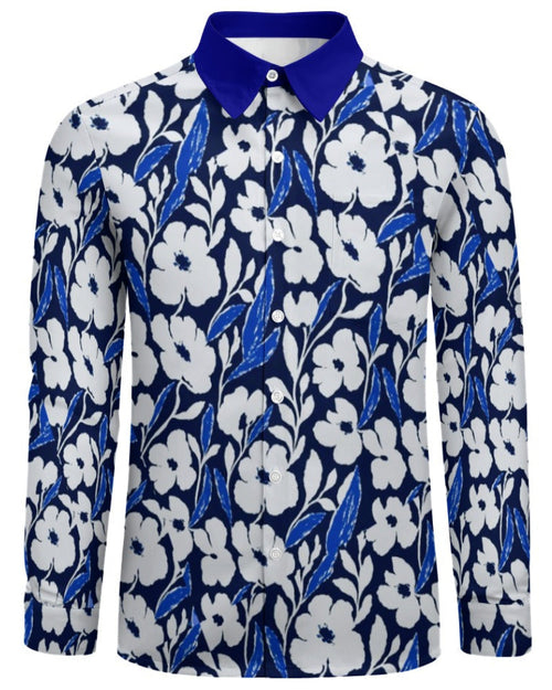 Shop the Iron + Ivy Garden Azure Peach Velvet Shirt by Teddy Blaze. Long sleeve peach velvet button-down featuring a white and royal blue floral print with a contrast azure collar.