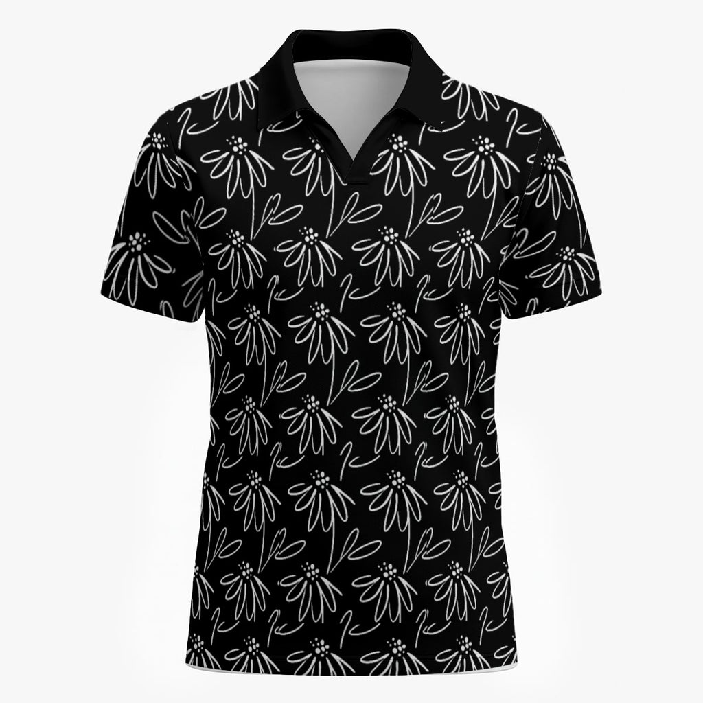 Shop the Garden Line Up Golf Shirt by Teddy Blaze. 200 GSM Birdseye performance poly polo with black & white botanical line-art print from TOPS.