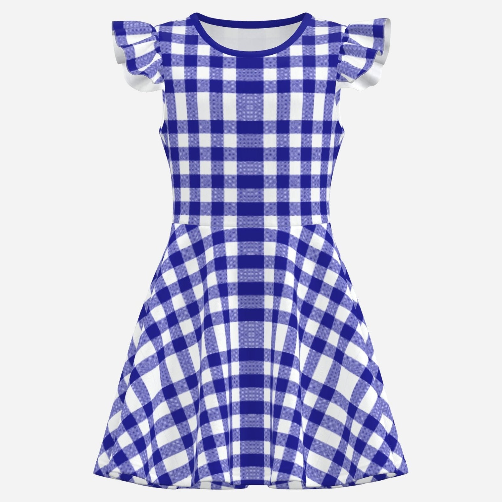 Shop the Gingham Flutter Sleeve Dress by Teddy Blaze. Soft medium-stretch A-line dress featuring blue gingham check and flutter sleeves from THE NEW IVY.