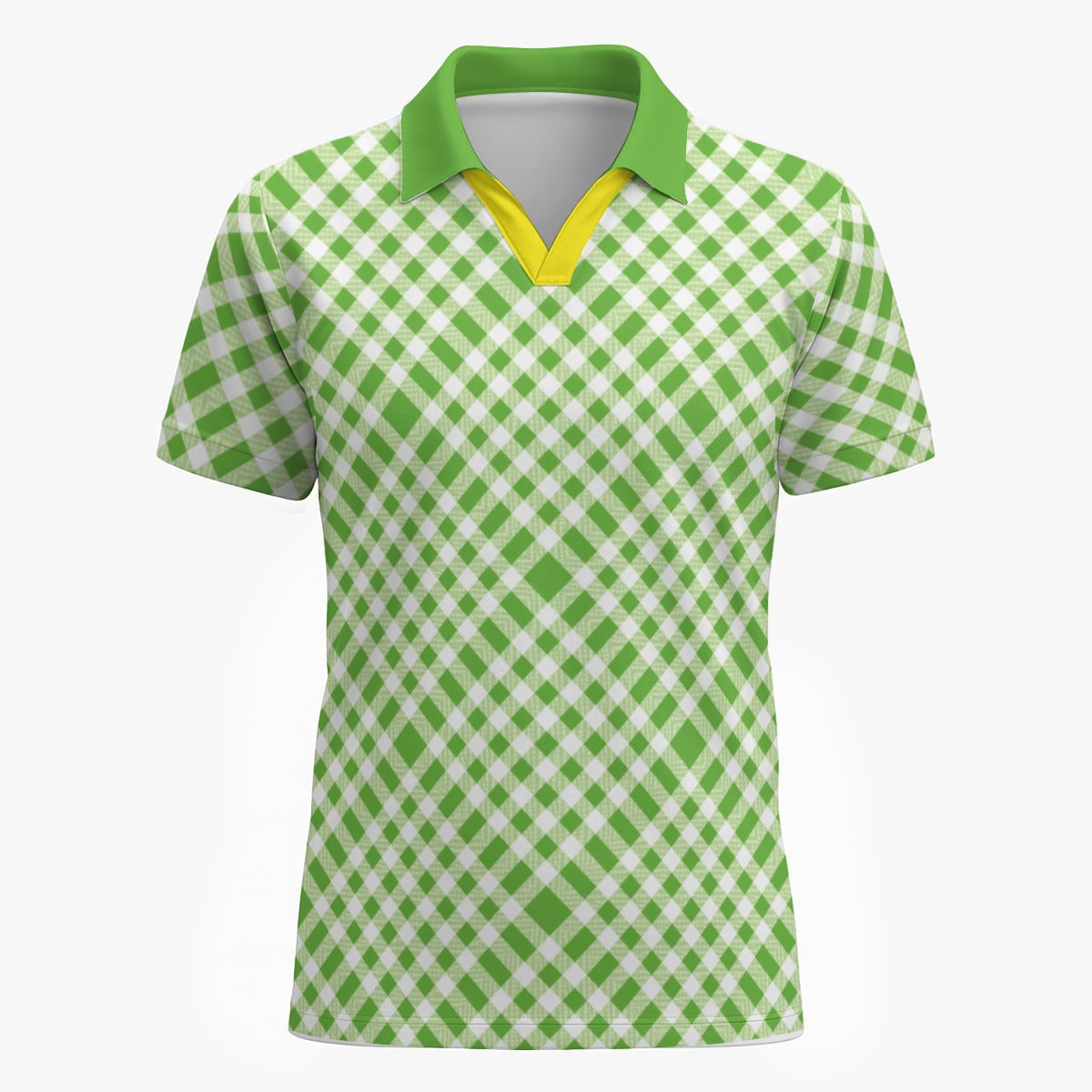 Shop the Gingham Green Polo by Teddy Blaze. 200 GSM Birdseye performance poly polo featuring a green gingham check print with yellow placket from The Mature Mocha Collection.
