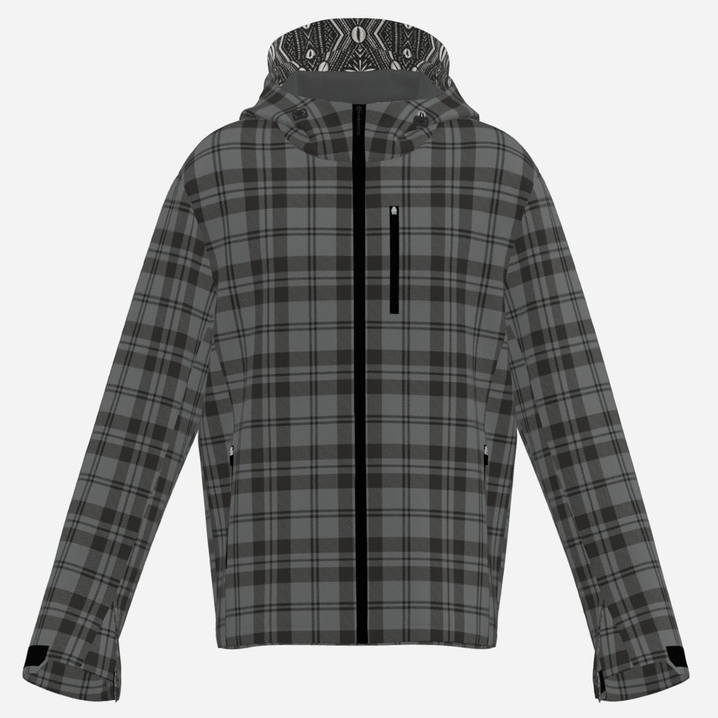 Granite gray and black plaid Teddy Blaze hooded windbreaker with DaChek detailing, lightweight lining, zip pockets, and everyday weather resistance.