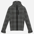 Granite gray and black plaid Teddy Blaze hooded windbreaker with DaChek detailing, lightweight lining, zip pockets, and everyday weather resistance.