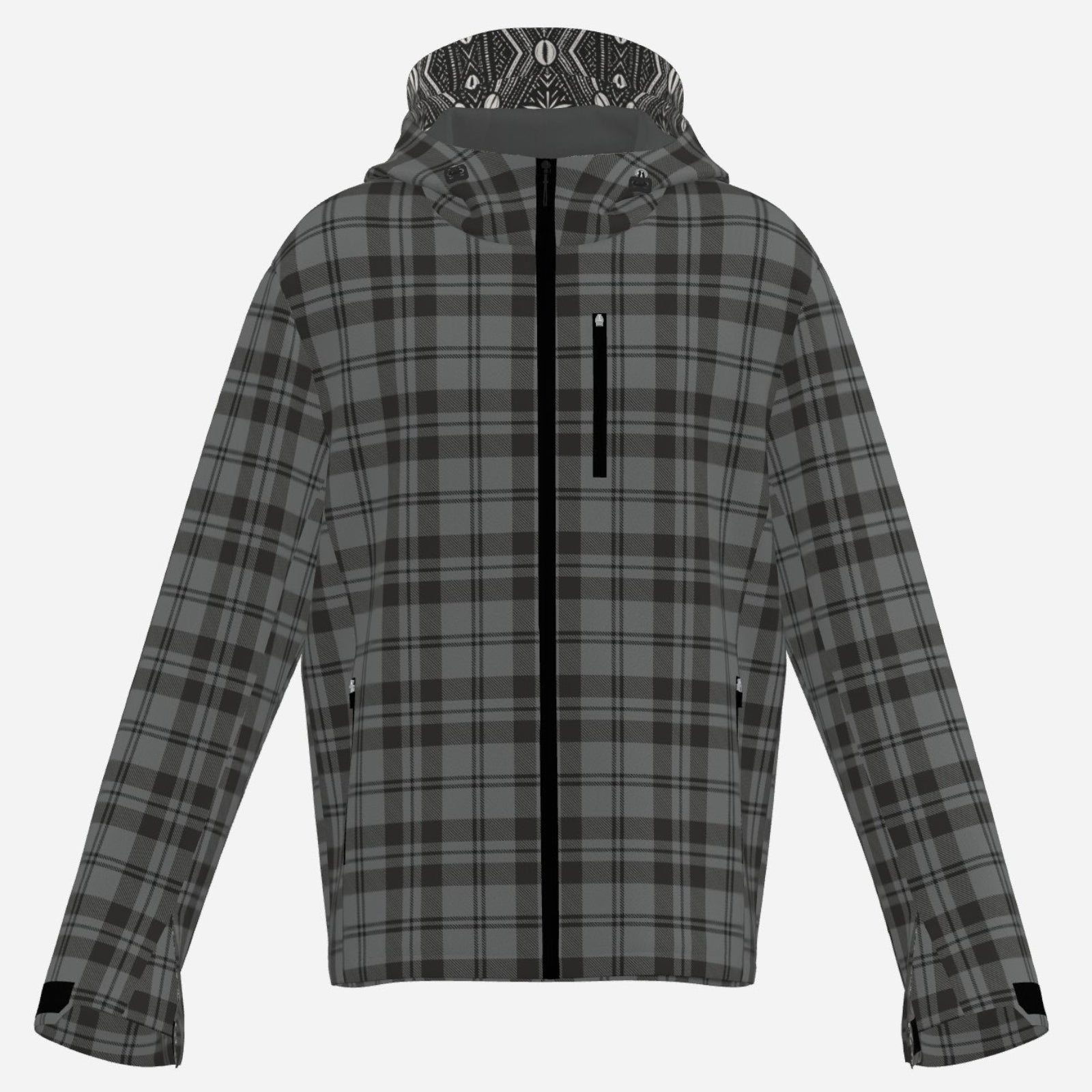 Granite gray and black plaid Teddy Blaze hooded windbreaker with DaChek detailing, lightweight lining, zip pockets, and everyday weather resistance.