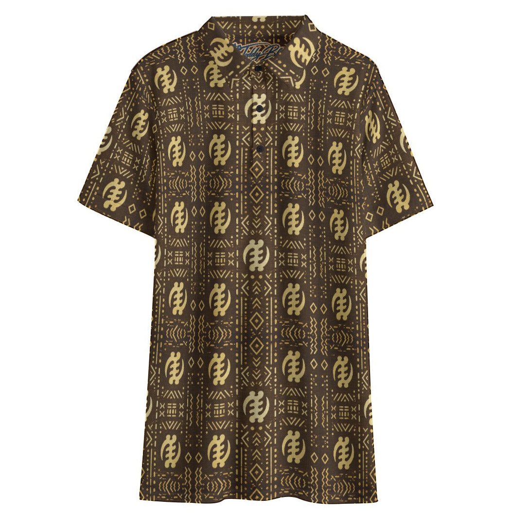 Shop the Gye Nyame Mudcloth Performance Golf Polo by Teddy Blaze. Breathable birdseye knit fabric featuring iconic Adinkra symbols in rich earth tones.