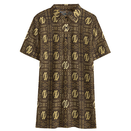 Shop the Gye Nyame Mudcloth Performance Golf Polo by Teddy Blaze. Breathable birdseye knit fabric featuring iconic Adinkra symbols in rich earth tones.