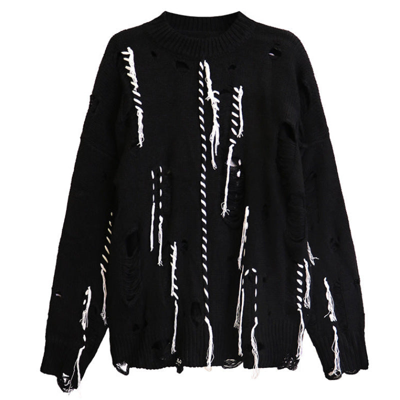 Shop the Hand-Stitched Distressed Knit Sweater by Teddy Blaze. Heavyweight cotton blend pullover featuring hand-woven whipstitching and fringe from THE IVY MAN.