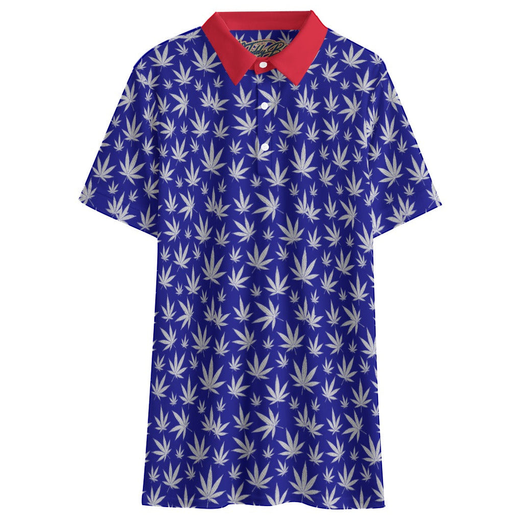 Shop the Hazy Americano Short Golf Polo by Teddy Blaze. 145 GSM blue & red birdseye performance polo with white leaf print from TEDDY FORE!.